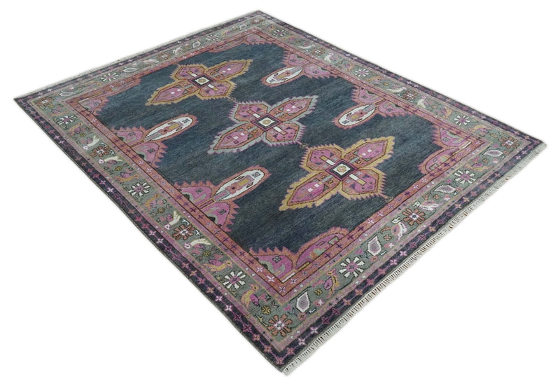 8x10 Hand Knotted Charcoal, Silver and Pink Traditional Wool Area Rug