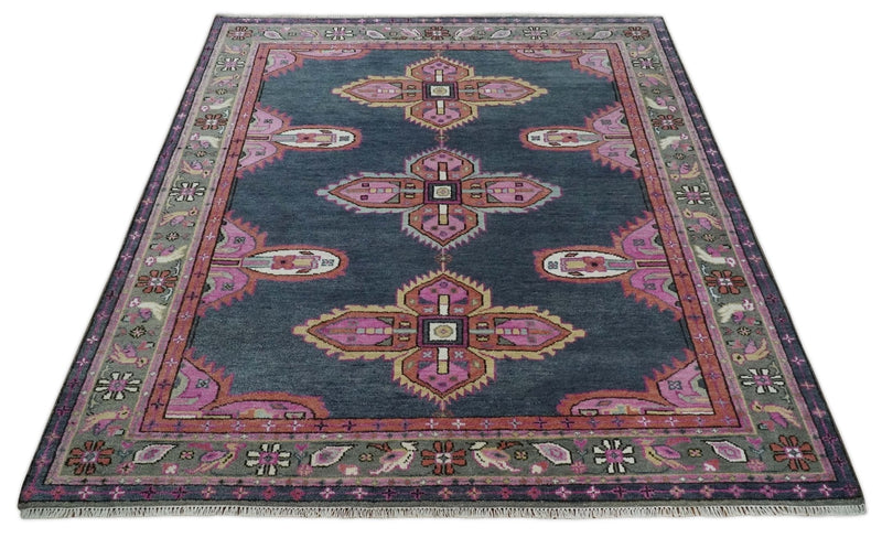 8x10 Hand Knotted Charcoal, Silver and Pink Traditional Wool Area Rug