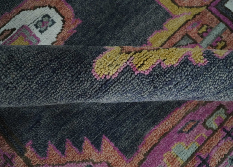 8x10 Hand Knotted Charcoal, Silver and Pink Traditional Wool Area Rug