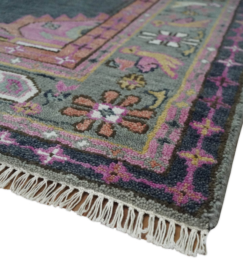 8x10 Hand Knotted Charcoal, Silver and Pink Traditional Wool Area Rug