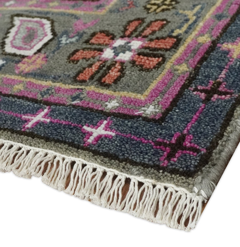 8x10 and 10x14 Hand Knotted Charcoal, Silver and Pink Traditional Wool Area Rug