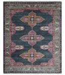 8x10 Hand Knotted Charcoal, Silver and Pink Traditional Wool Area Rug