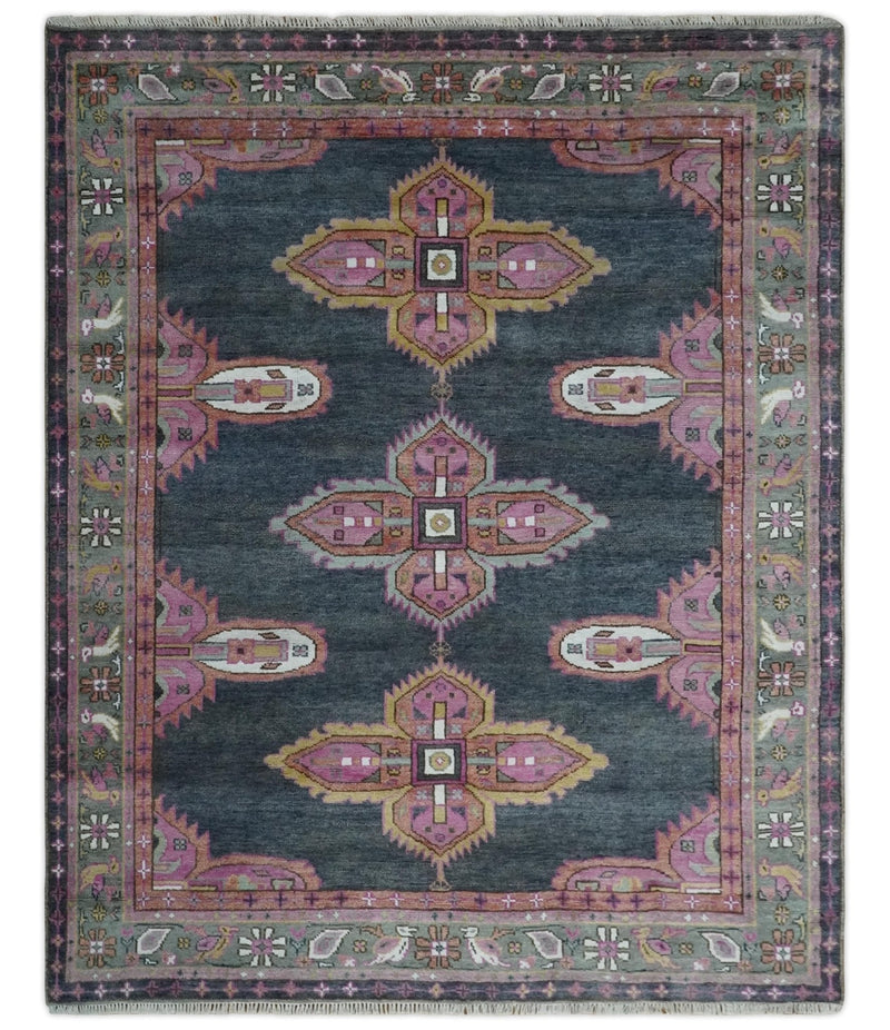 8x10 Hand Knotted Charcoal, Silver and Pink Traditional Wool Area Rug