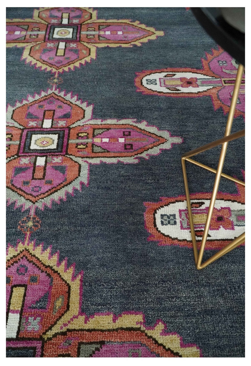 8x10 and 10x14 Hand Knotted Charcoal, Silver and Pink Traditional Wool Area Rug