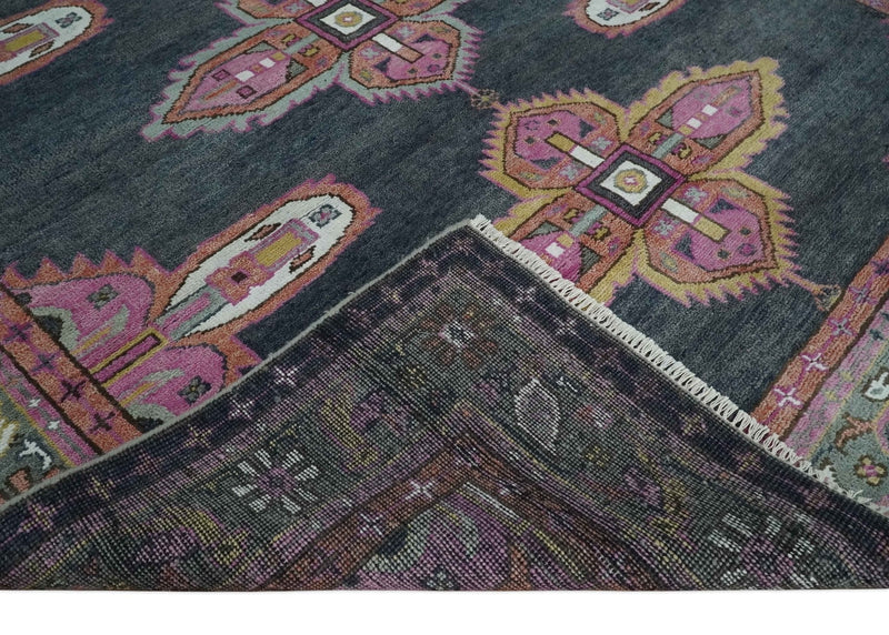 8x10 Hand Knotted Charcoal, Silver and Pink Traditional Wool Area Rug