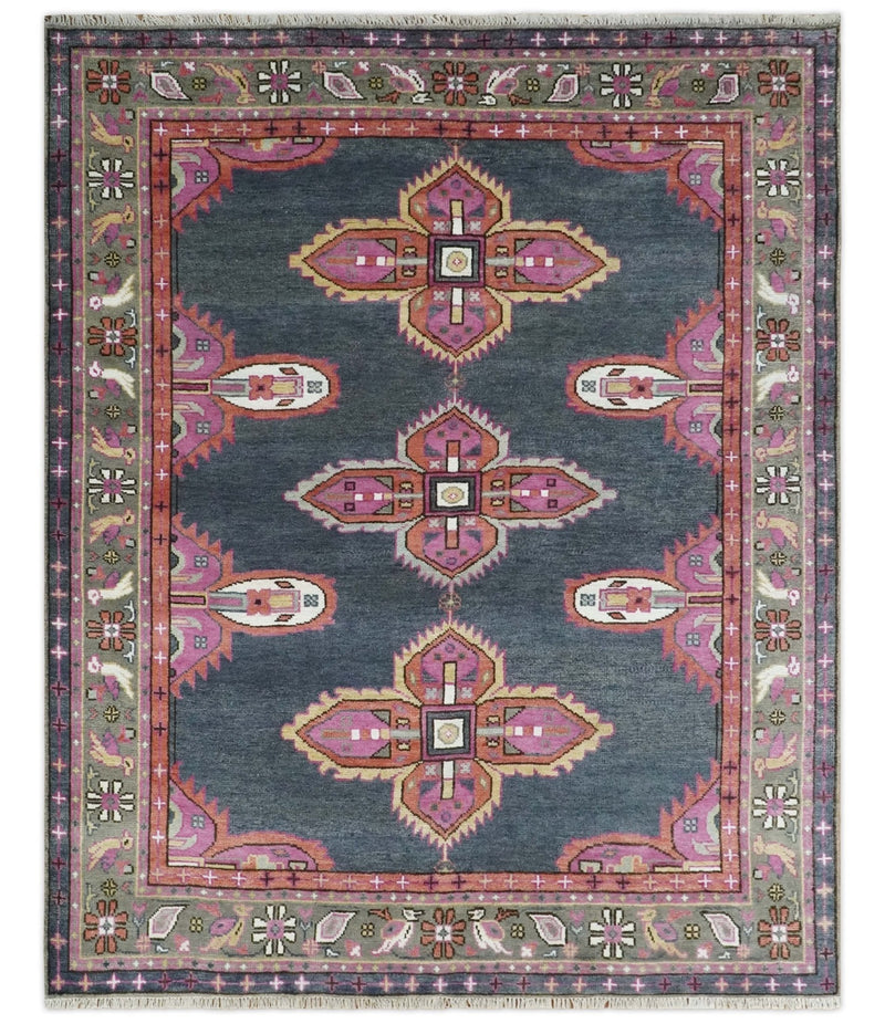 8x10 and 10x14 Hand Knotted Charcoal, Silver and Pink Traditional Wool Area Rug