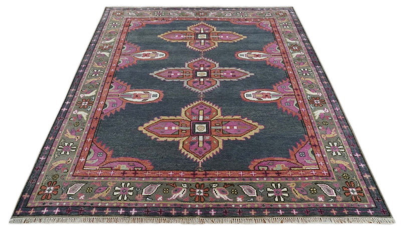 8x10 and 10x14 Hand Knotted Charcoal, Silver and Pink Traditional Wool Area Rug
