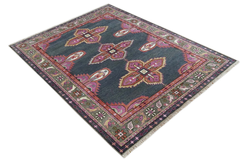 8x10 and 10x14 Hand Knotted Charcoal, Silver and Pink Traditional Wool Area Rug