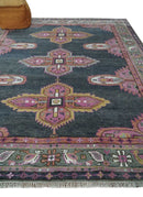 8x10 Hand Knotted Charcoal, Silver and Pink Traditional Wool Area Rug
