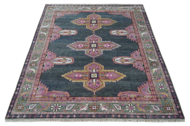 8x10 Hand Knotted Charcoal, Silver and Pink Traditional Wool Area Rug