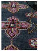 8x10 Hand Knotted Charcoal, Silver and Pink Traditional Wool Area Rug
