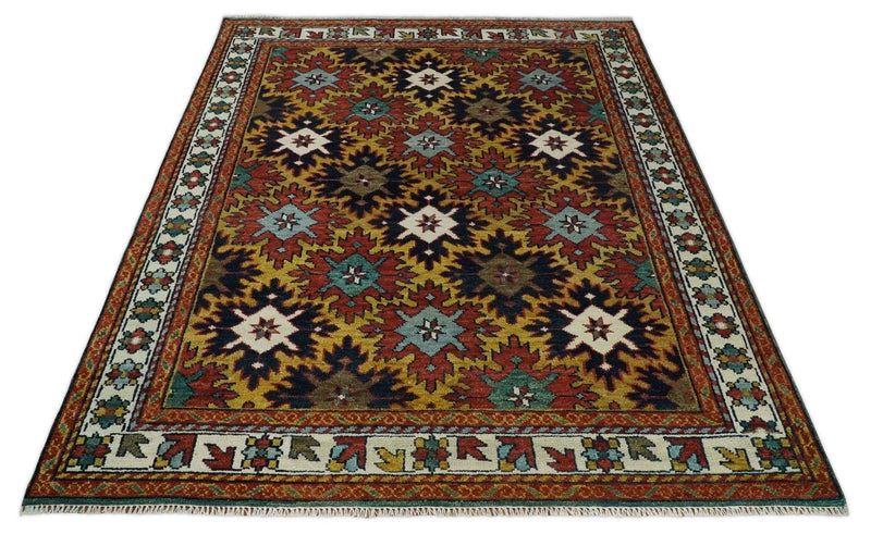 8x10 Hand Knotted Geometrical Rust, Black and Gold Floral Area Rug | TRDCP1368810