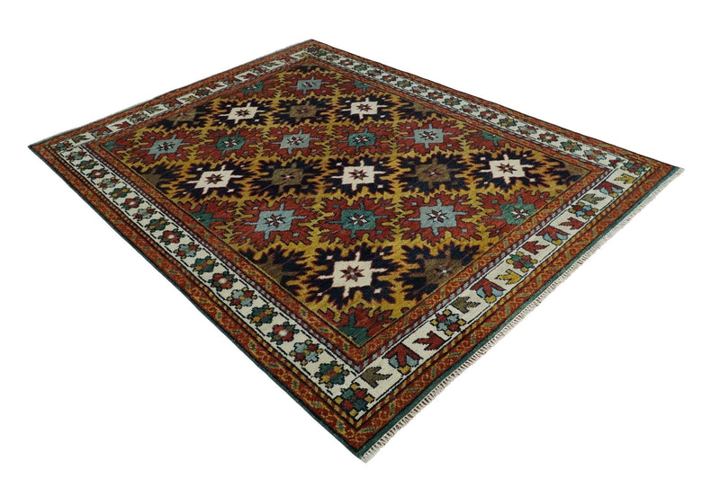 8x10 Hand Knotted Geometrical Rust, Black and Gold Floral Area Rug | TRDCP1368810