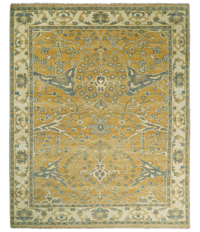 8x10 Hand Knotted Gold, Beige and Silver Traditional Persian Oushak Antique Wool Rug | TRDCP690