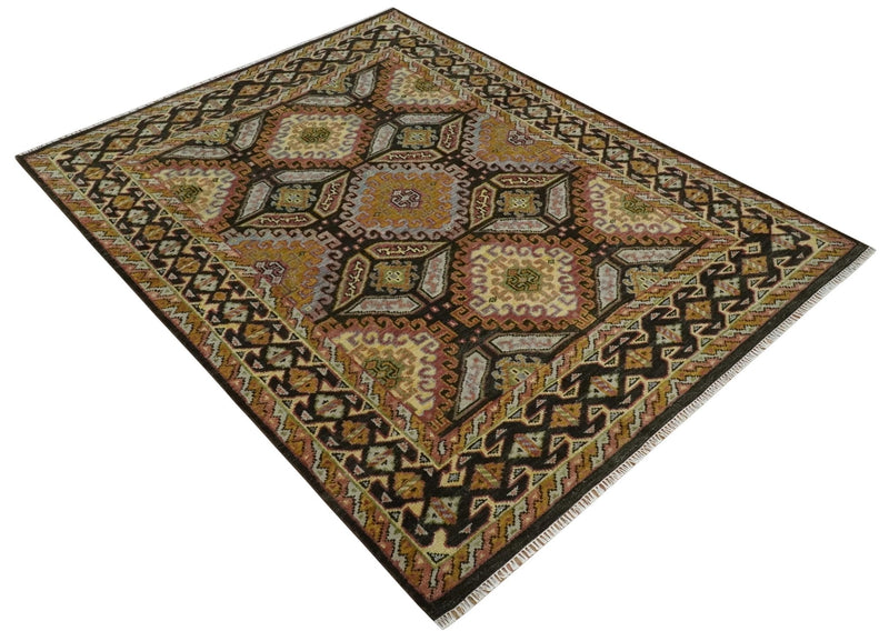8x10 Hand Knotted Olive, Gold, Black and Brown Oriental Traditional Wool Area Rug