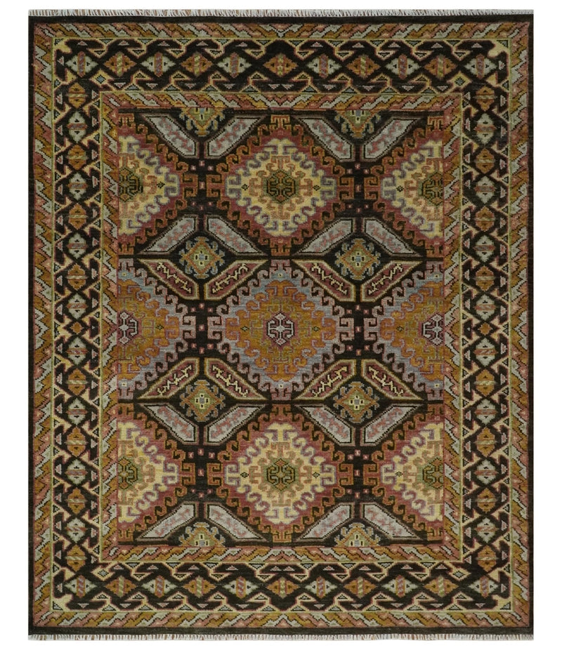 8x10 Hand Knotted Olive, Gold, Black and Brown Oriental Traditional Wool Area Rug