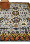 Hand Knotted Oushak Area Rug Recycled Silk Silver Rust Gold Tones Elegant Design