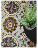 Hand Knotted Oushak Area Rug Recycled Silk Silver Rust Gold Tones Elegant Design