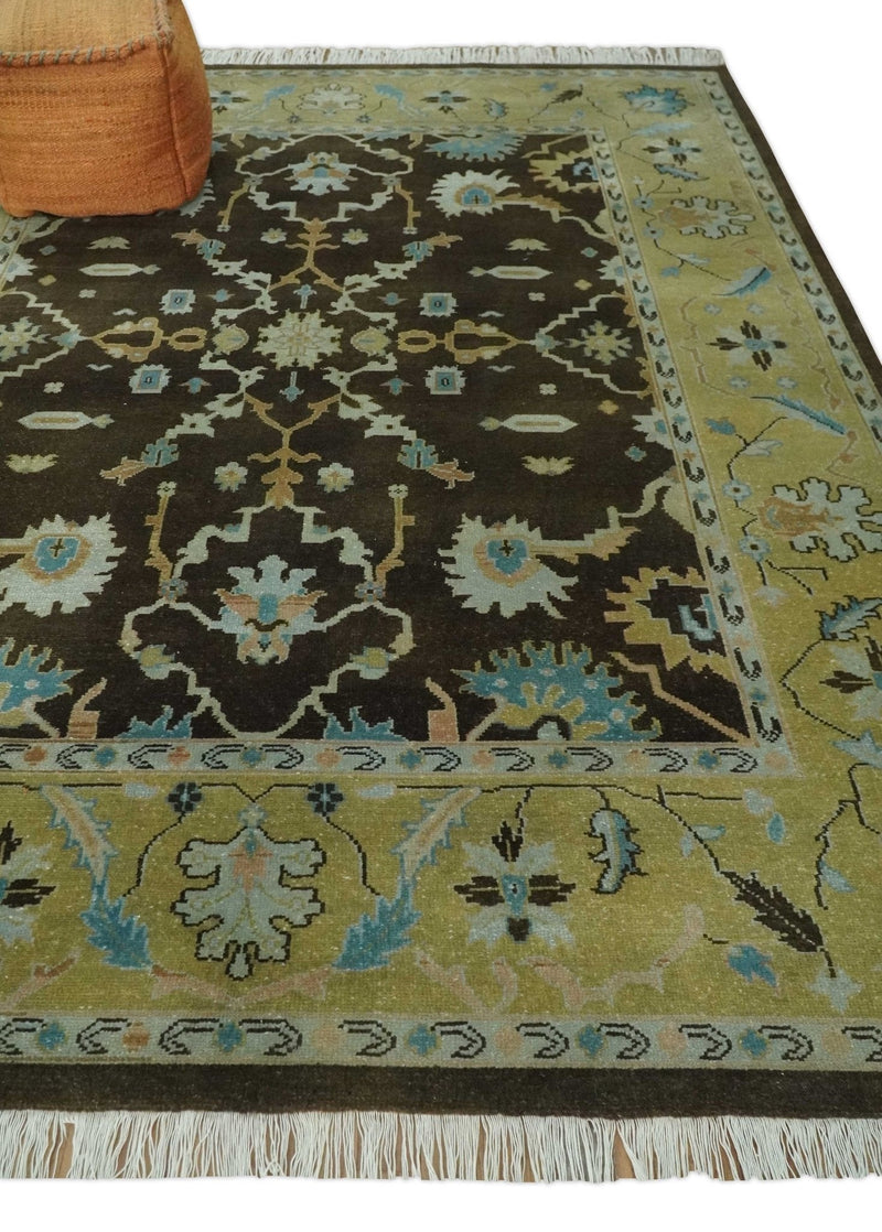 8x10 Hand Knotted Olive and Green Traditional Persian Oushak Wool Rug | AC3810