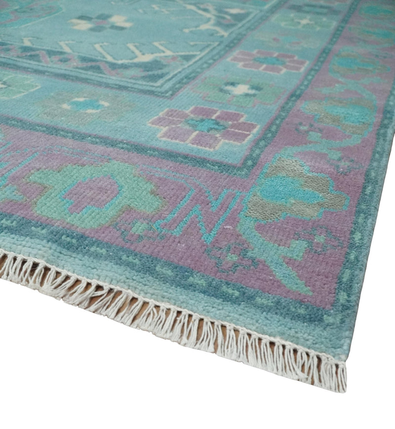 8x10 Hand Knotted Heriz Serapi Aqua, Pink and Ivory Floral Area Rug | TRDCP1369810