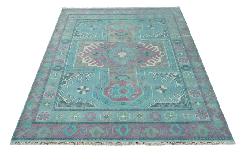 8x10 Hand Knotted Heriz Serapi Aqua, Pink and Ivory Floral Area Rug | TRDCP1369810