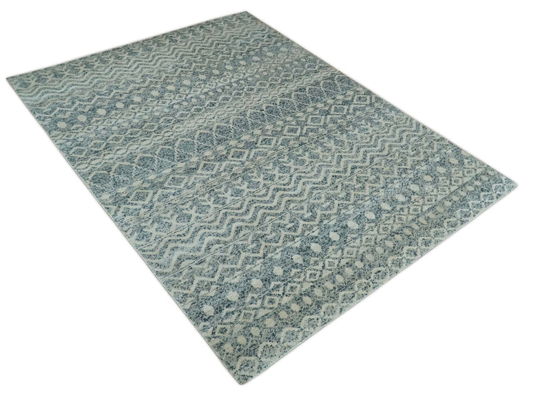 8x10 Hand Knotted Ivory and Blue Modern Contemporary Southwestern Tribal Trellis Recycled Silk Area Rug | OP37