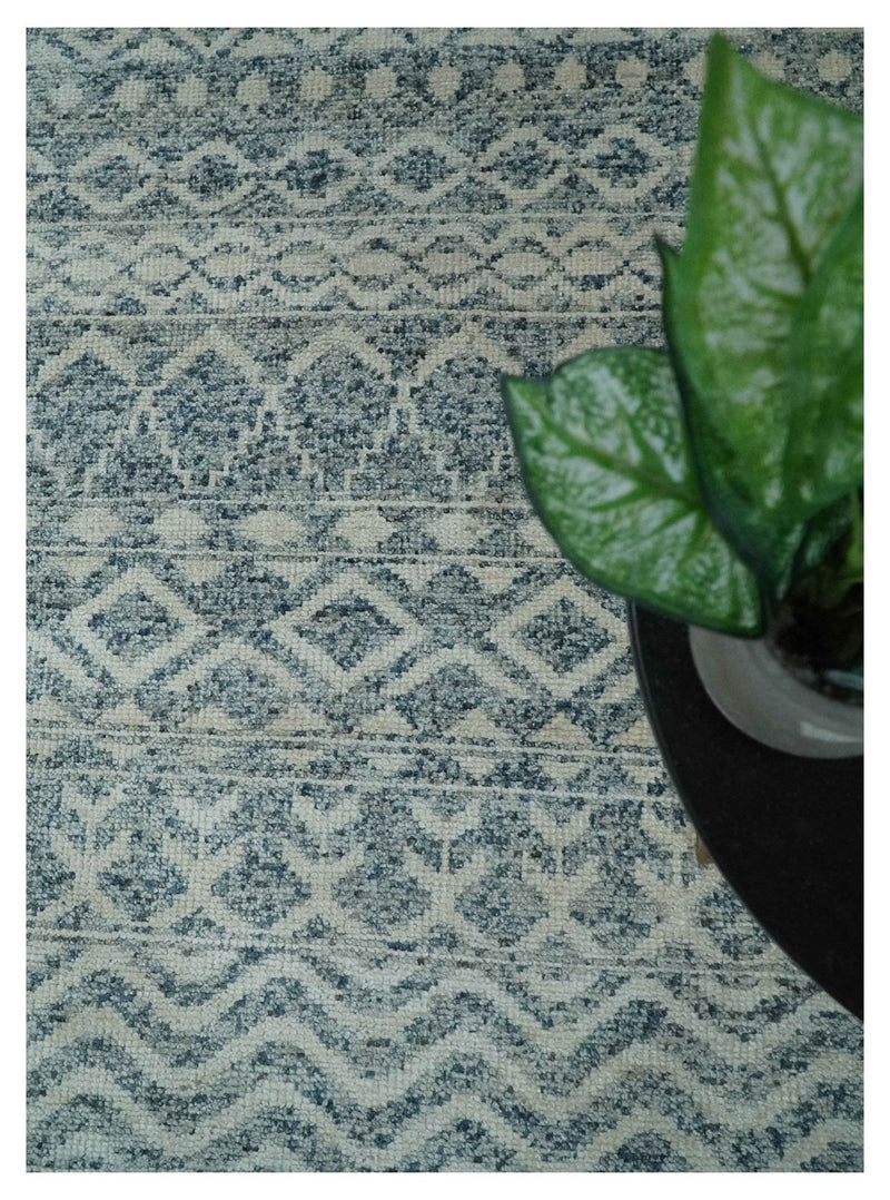 8x10 Hand Knotted Ivory and Blue Modern Contemporary Southwestern Tribal Trellis Recycled Silk Area Rug | OP37