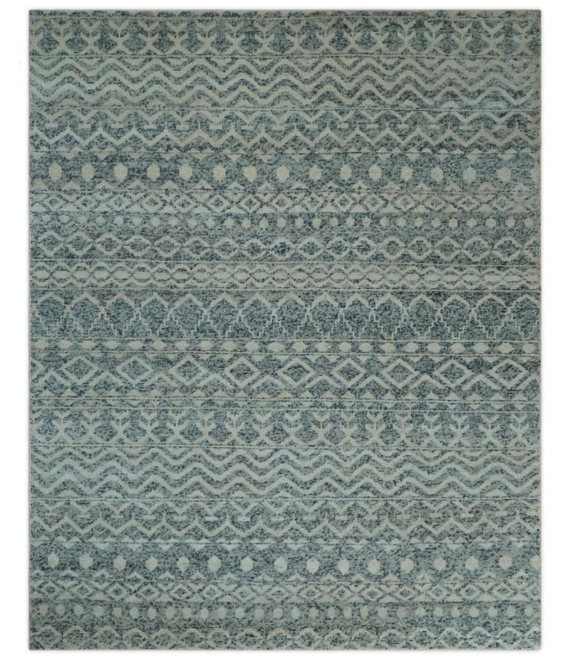 8x10 Hand Knotted Ivory and Blue Modern Contemporary Southwestern Tribal Trellis Recycled Silk Area Rug | OP37