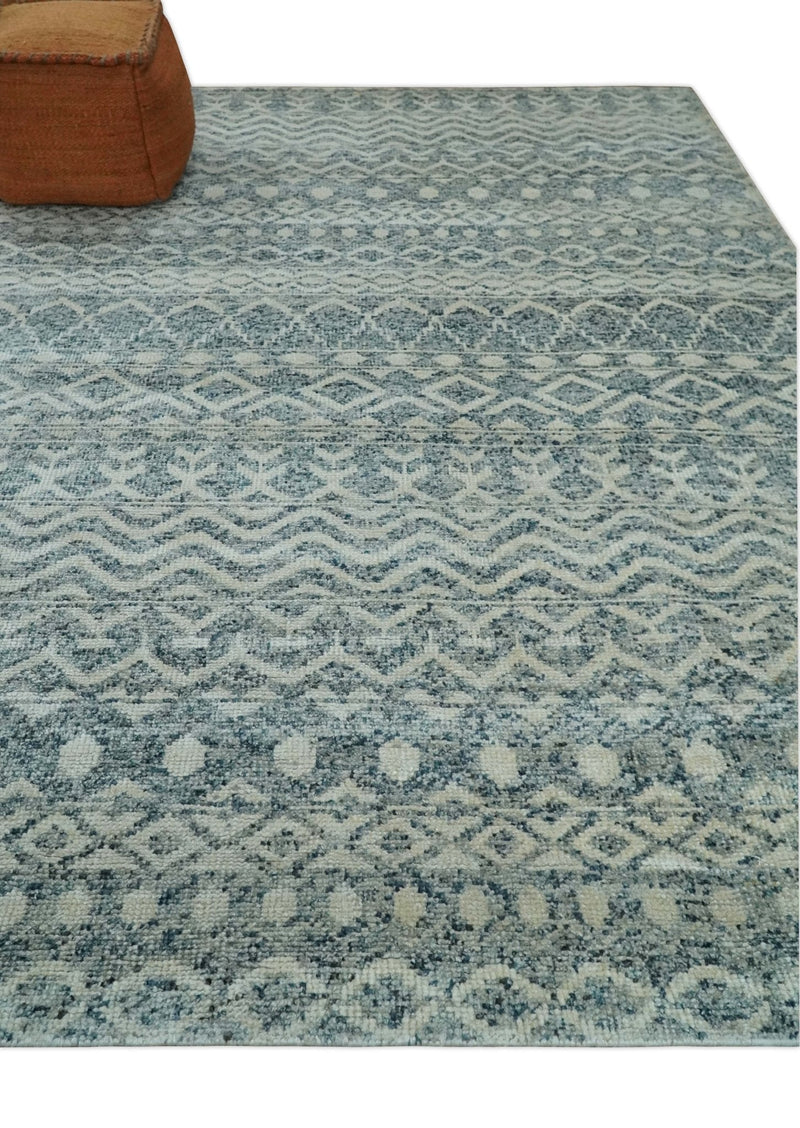 8x10 Hand Knotted Ivory and Blue Modern Contemporary Southwestern Tribal Trellis Recycled Silk Area Rug | OP37