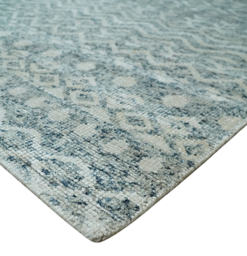 8x10 Hand Knotted Ivory and Blue Modern Contemporary Southwestern Tribal Trellis Recycled Silk Area Rug | OP37