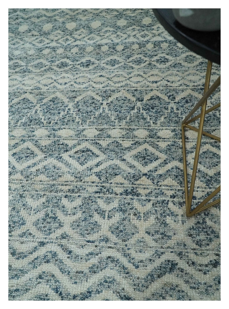 8x10 Hand Knotted Ivory and Blue Modern Contemporary Southwestern Tribal Trellis Recycled Silk Area Rug | OP37