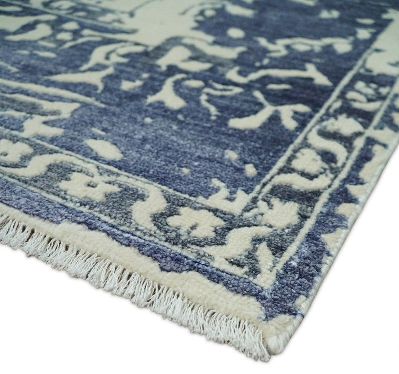 8x10 Hand knotted Ivory and Blue Modern Abstract Wool and Bamboo Silk Area Rug | TRDCP489810