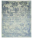 8x10 Hand knotted Ivory and Blue Modern Abstract Wool and Bamboo Silk Area Rug | TRDCP489810