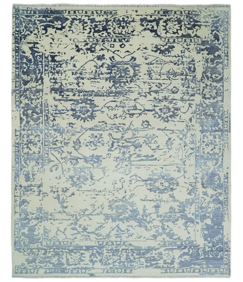 8x10 Hand knotted Ivory and Blue Modern Abstract Wool and Bamboo Silk Area Rug | TRDCP489810