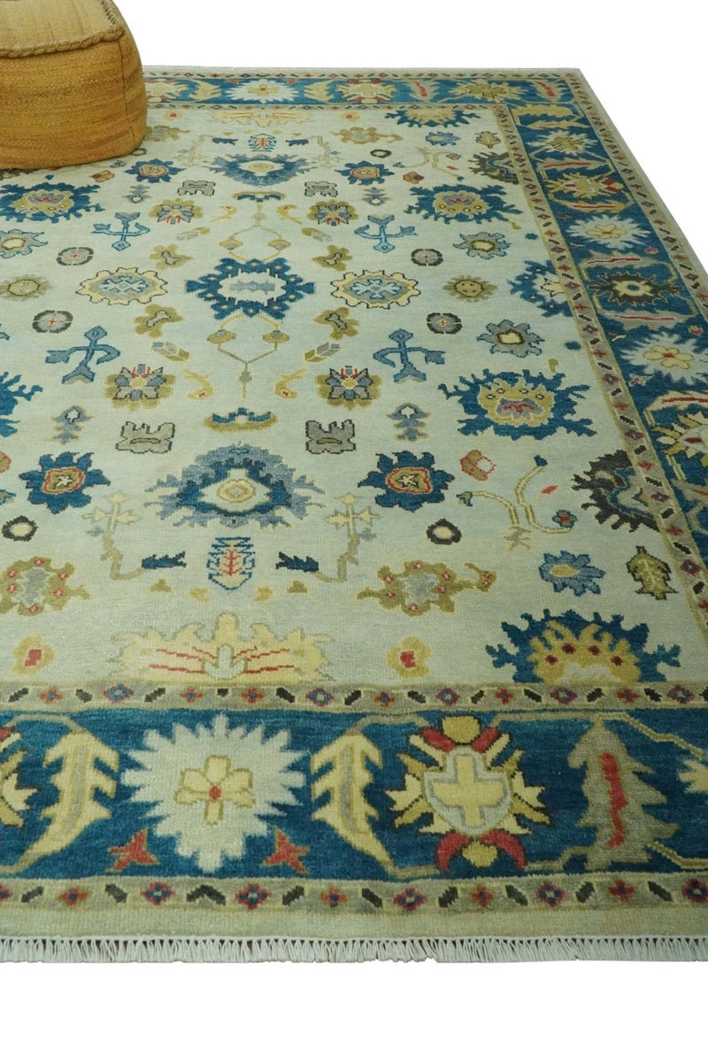 8x10 Hand Knotted Ivory and Blue Traditional Oriental Oushak wool area rug