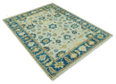 8x10 Hand Knotted Ivory and Blue Traditional Oriental Oushak wool area rug