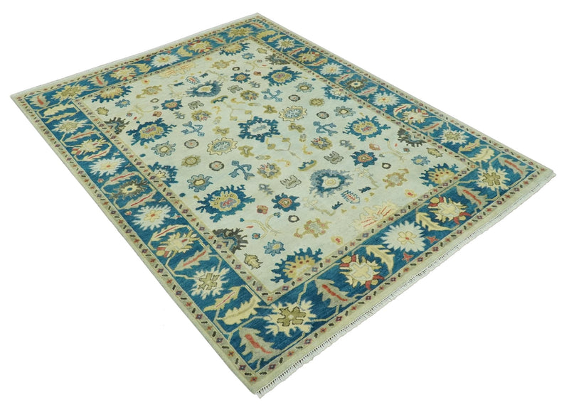 8x10 Hand Knotted Ivory and Blue Traditional Oriental Oushak wool area rug