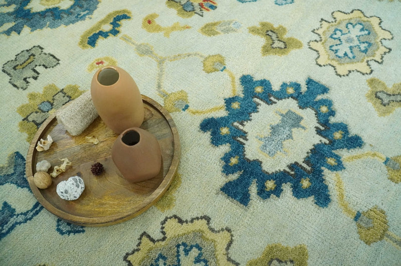 8x10 Hand Knotted Ivory and Blue Traditional Oriental Oushak wool area rug