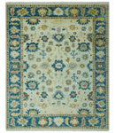 8x10 Hand Knotted Ivory and Blue Traditional Oriental Oushak wool area rug