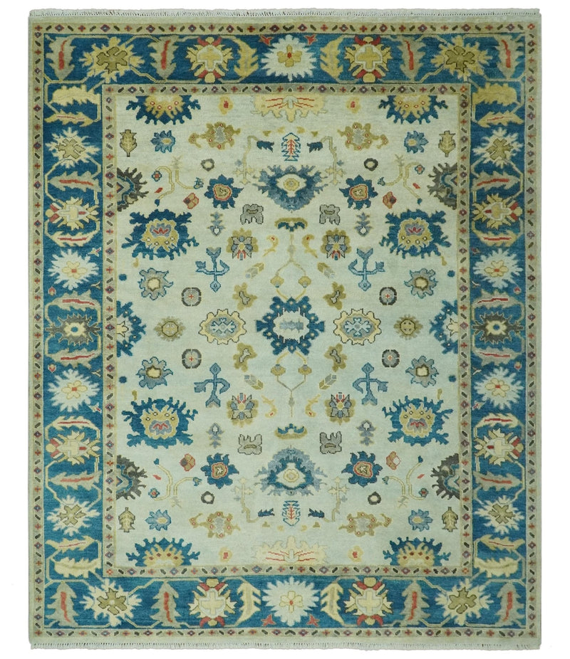 8x10 Hand Knotted Ivory and Blue Traditional Oriental Oushak wool area rug