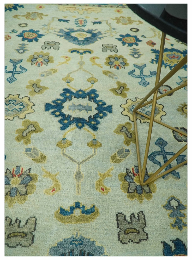8x10 Hand Knotted Ivory and Blue Traditional Oriental Oushak wool area rug