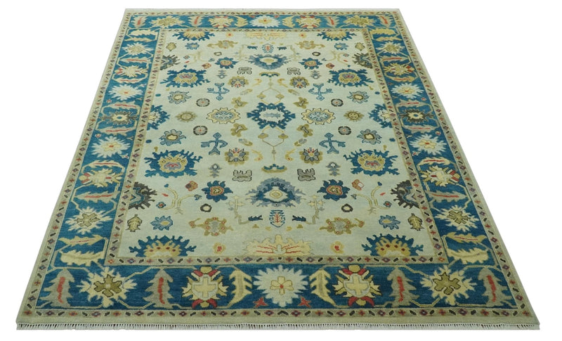 8x10 Hand Knotted Ivory and Blue Traditional Oriental Oushak wool area rug