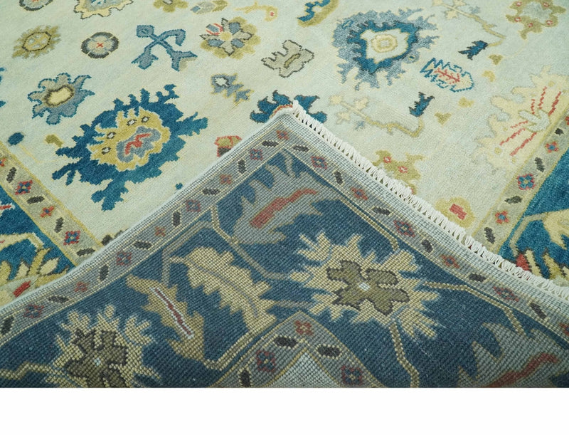 8x10 Hand Knotted Ivory and Blue Traditional Oriental Oushak wool area rug