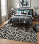 Recycled Silk Hand Knotted Area Rug 8x10 Ivory Charcoal Blue - Modern Tribal Style