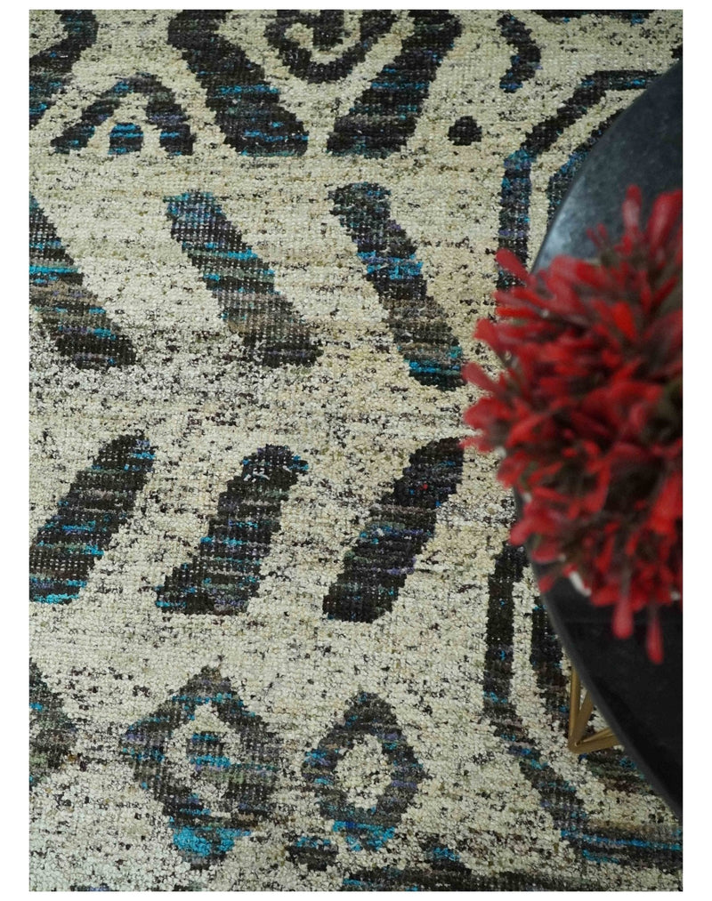 8x10 Hand Knotted Ivory and Charcoal Modern Tribal Style Contemporary Recycled Silk Area Rug | OP49