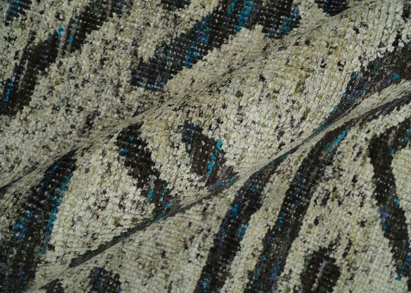 8x10 Hand Knotted Ivory and Charcoal Modern Tribal Style Contemporary Recycled Silk Area Rug | OP49