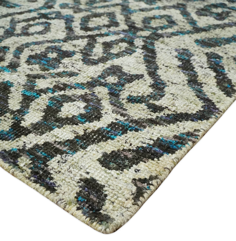 8x10 Hand Knotted Ivory and Charcoal Modern Tribal Style Contemporary Recycled Silk Area Rug | OP49