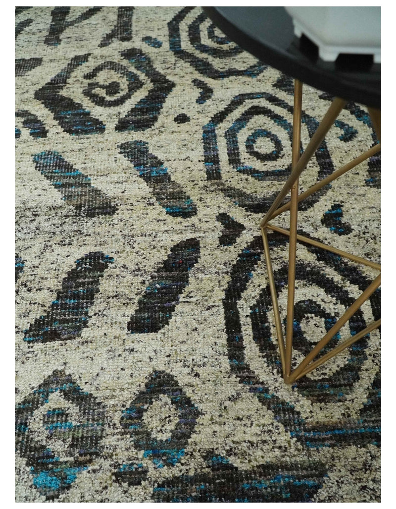 8x10 Hand Knotted Ivory and Charcoal Modern Tribal Style Contemporary Recycled Silk Area Rug | OP49