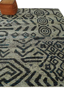 8x10 Hand Knotted Ivory and Charcoal Modern Tribal Style Contemporary Recycled Silk Area Rug | OP49