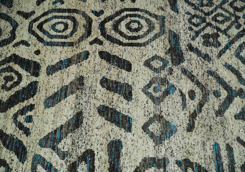 8x10 Hand Knotted Ivory and Charcoal Modern Tribal Style Contemporary Recycled Silk Area Rug | OP49